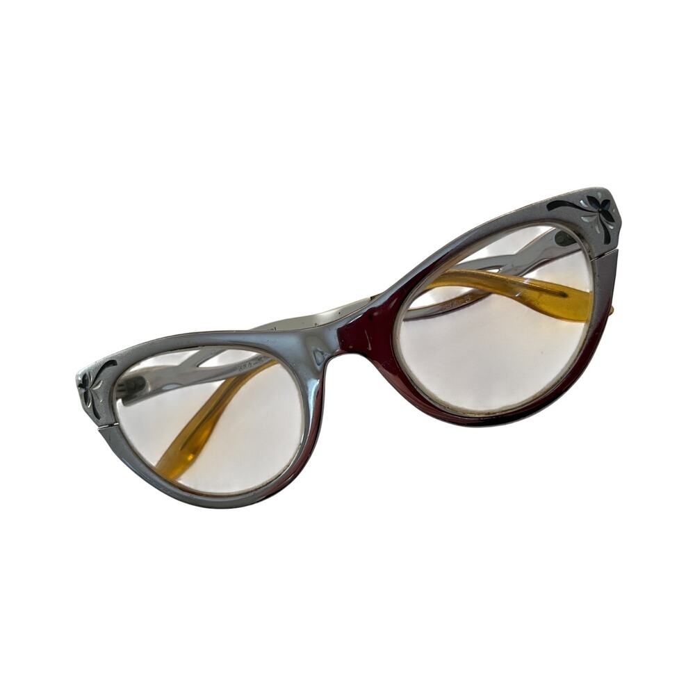 Vtg American Optical Aluminum Cat Eye Glasses 1950s Engraved Silver AO Frames